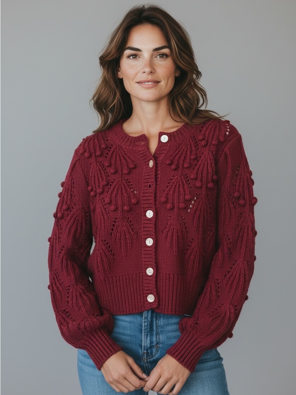 Greylin Burgundy Textured Bobble Knit Cardigan
